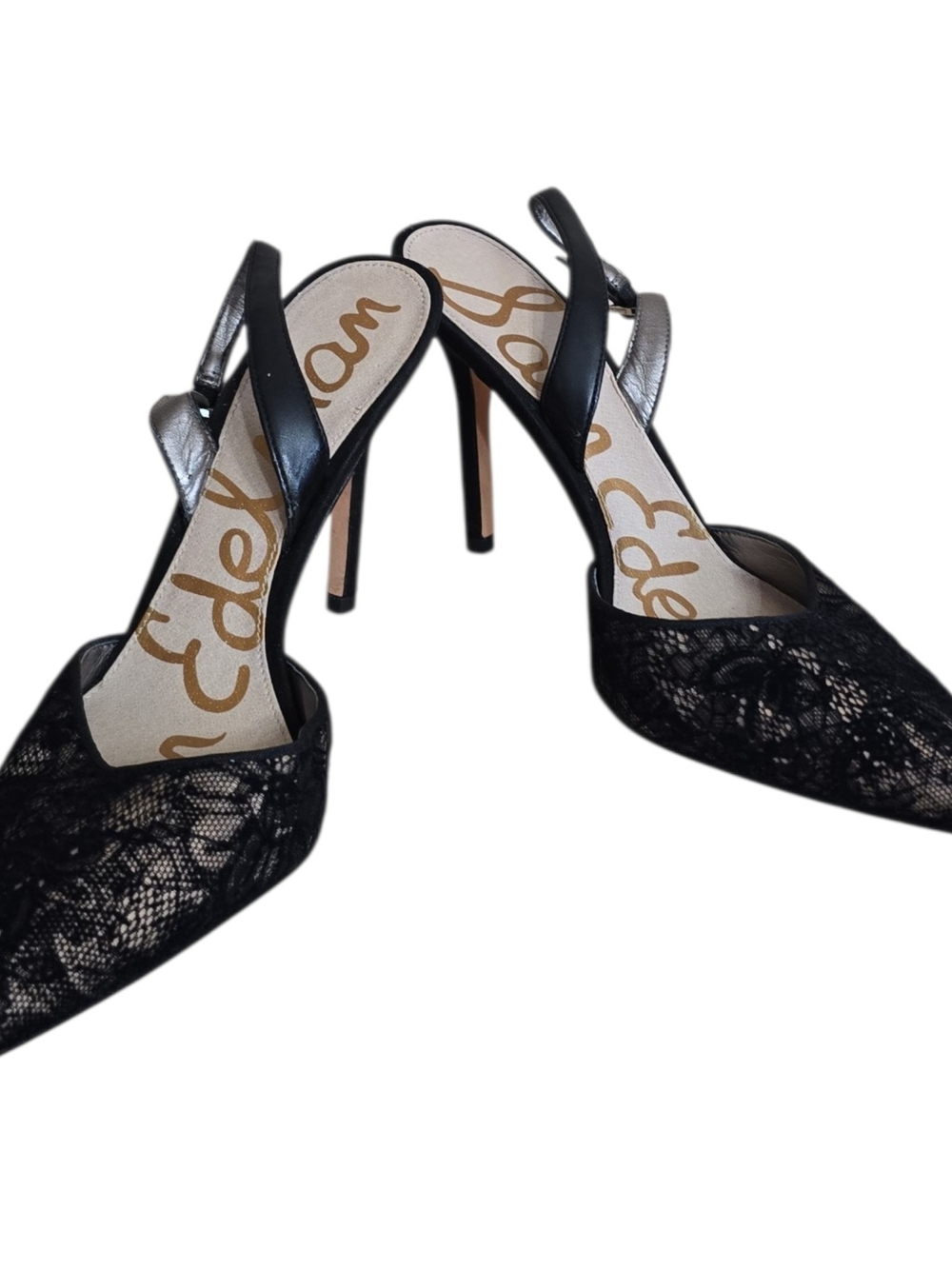Delman Black Lace Pointed Slingback Stiletto Heels